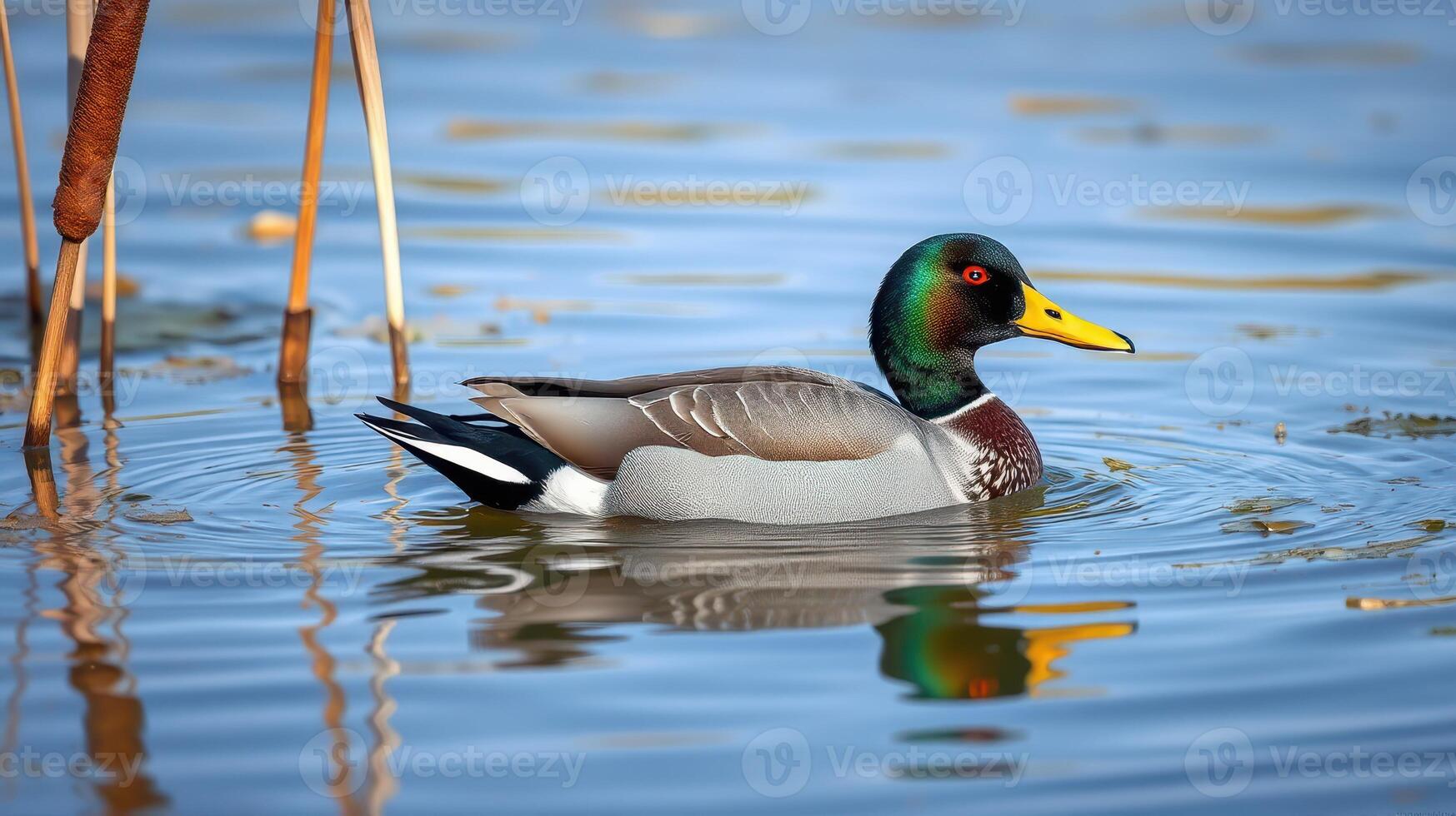 Colorful mallard duck swimming in a calm lake surrounded by tall reeds during bright daylight photo