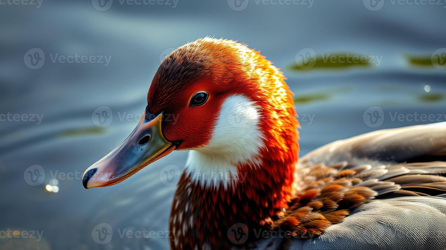 Vibrant waterfowl showcasing colorful plumage on a serene lake during golden hour photo