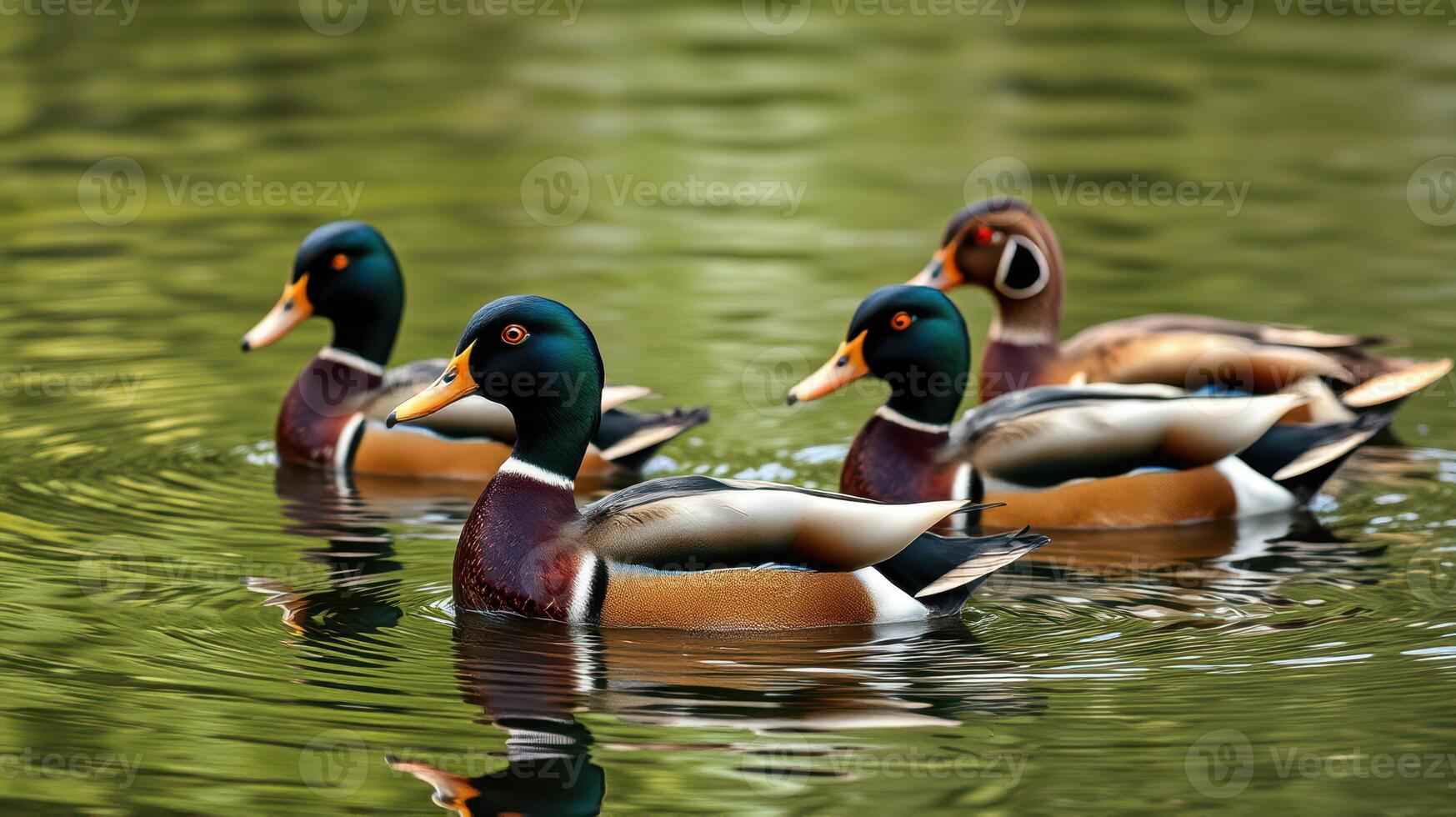 Four colorful ducks swimming in the serene waters of a tranquil pond surrounded by lush greenery photo