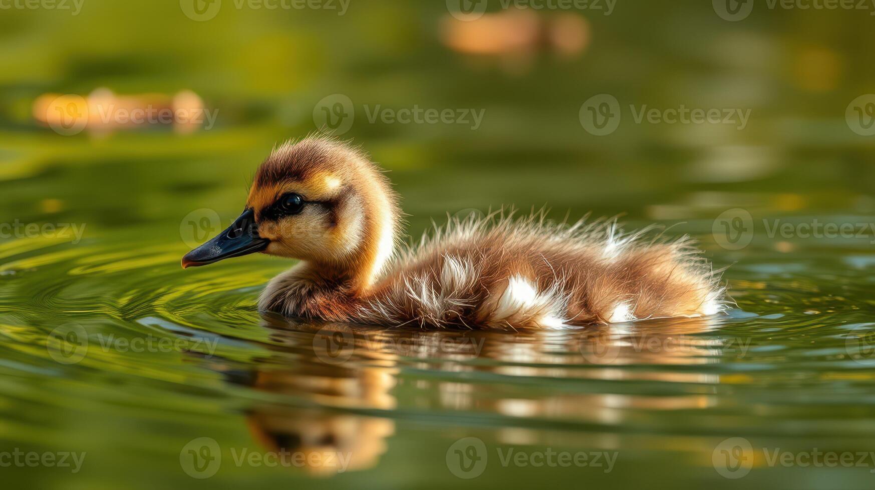 Cute duckling swimming in a serene pond during springtime, surrounded by gentle ripples and natural greenery photo