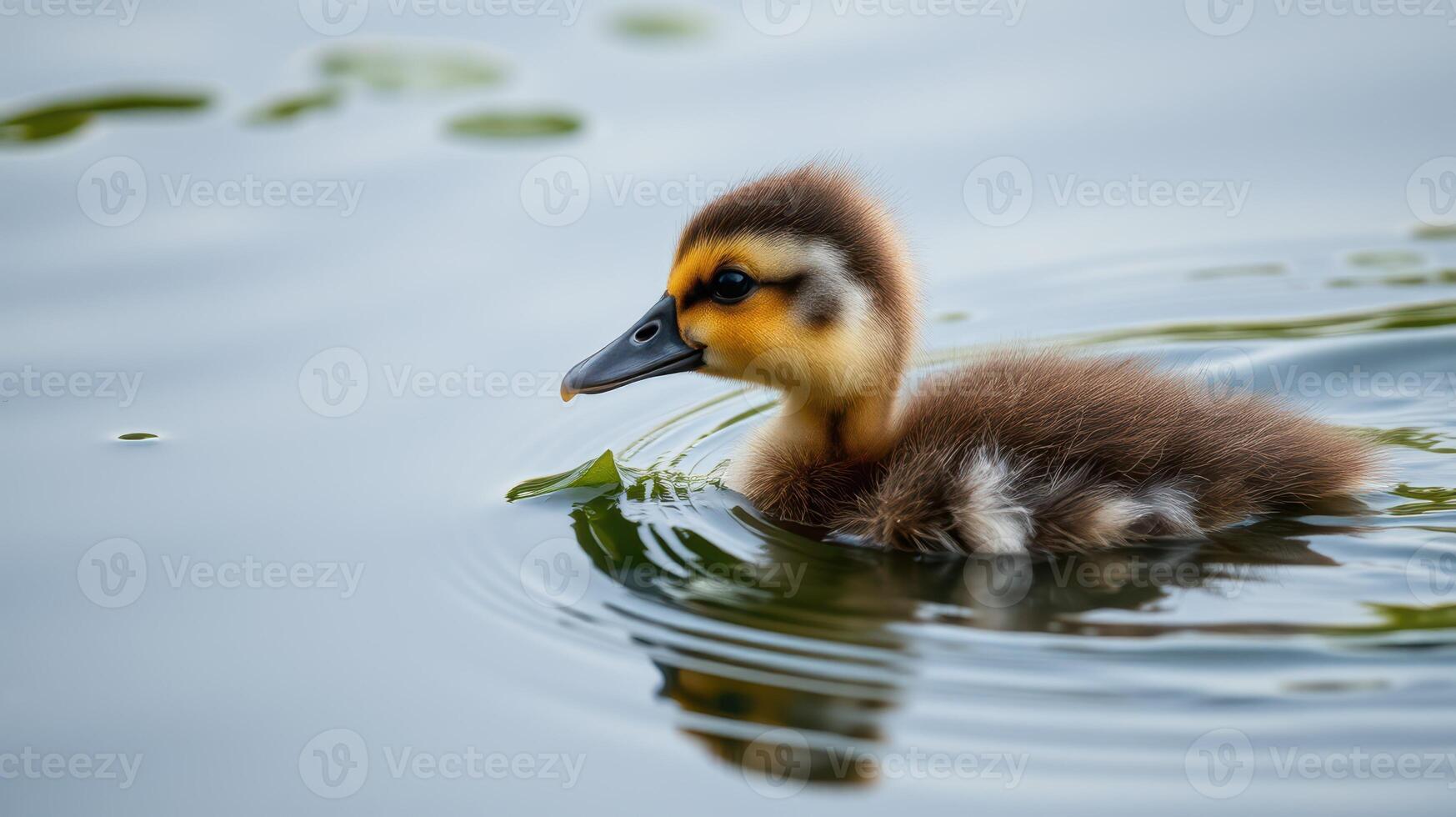 Duckling swims gracefully in calm pond during sunny afternoon by tranquil waters photo