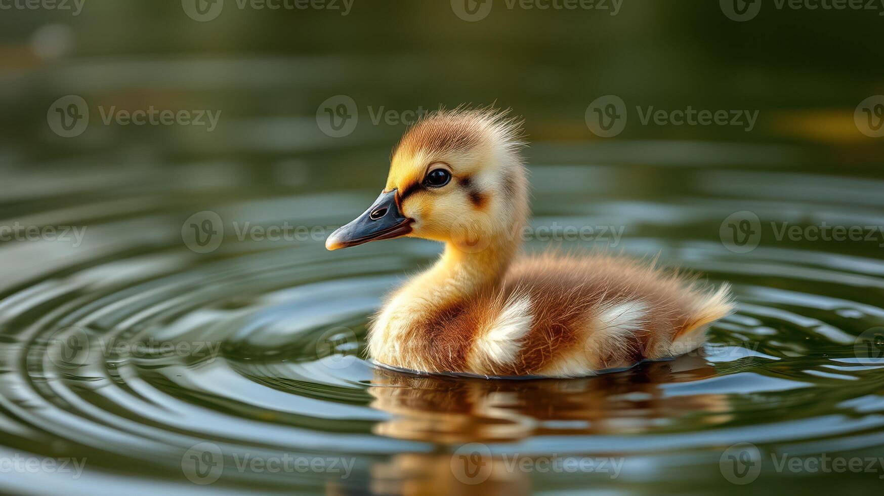 Duckling swims gracefully in a serene pond surrounded by gentle ripples at dawn photo