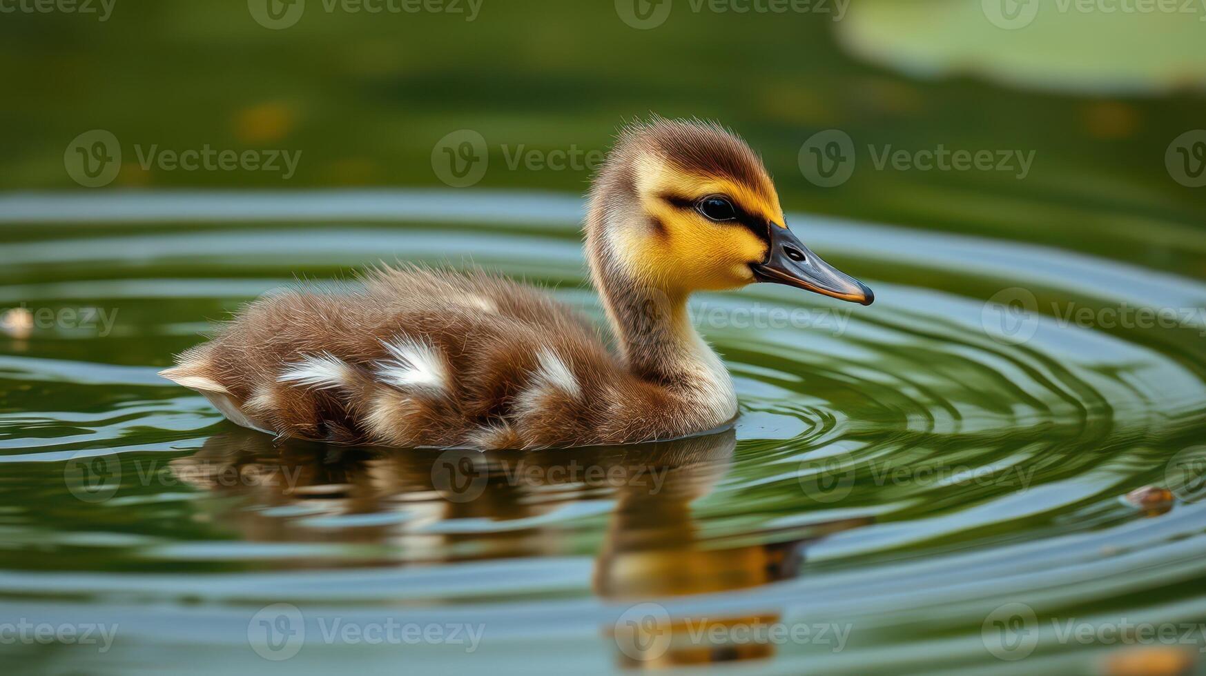Cute duckling swims in calm water surrounded by ripples and foliage during a sunny day photo