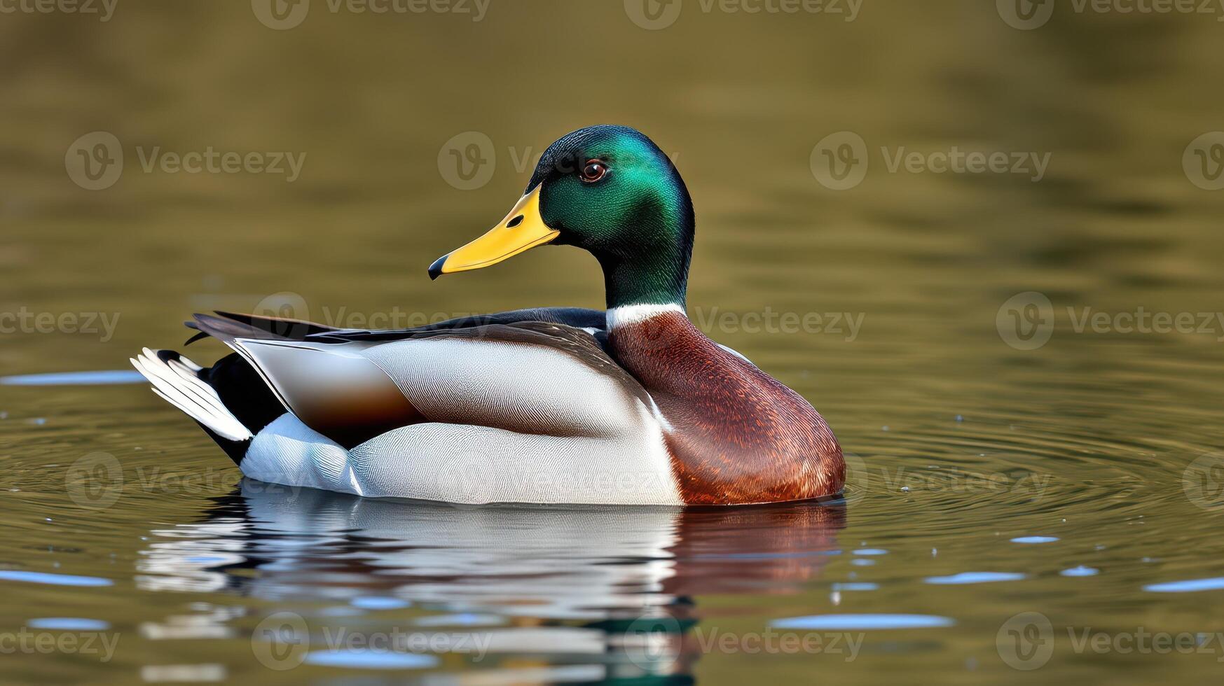 Mallard duck swims gracefully in a tranquil lake surrounded by nature at midday photo