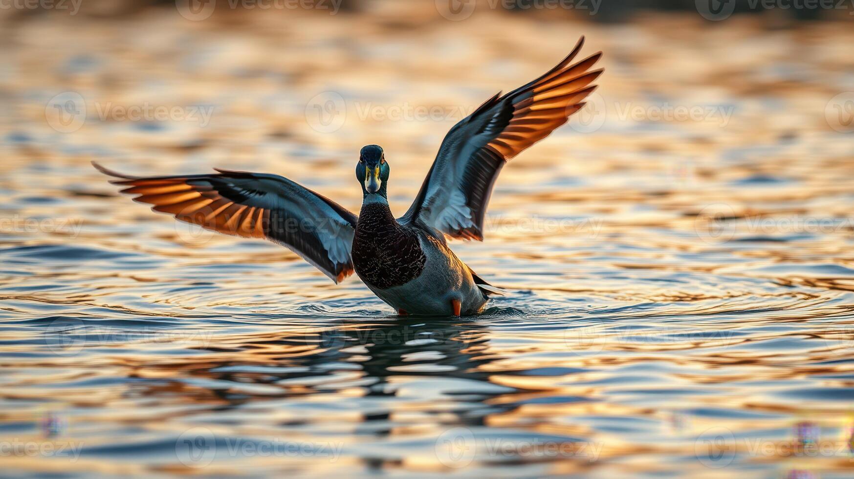Dawn breaks as a mallard duck splashes in the shimmering water, wings spread wide against the golden sunlight photo