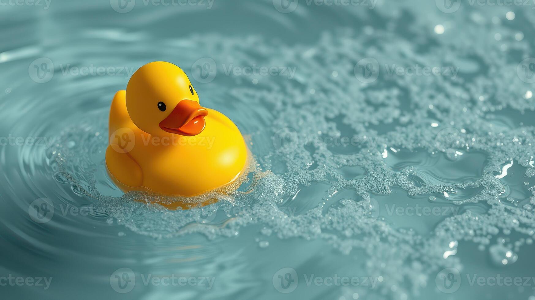 Rubber duck floats serenely in clear water creating gentle ripples during a bright, sunny day photo