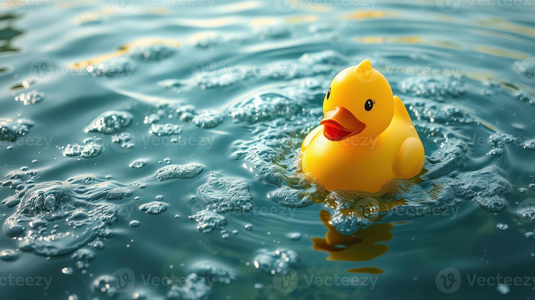Yellow rubber duck floating on a serene water surface with gentle ripples at midday photo