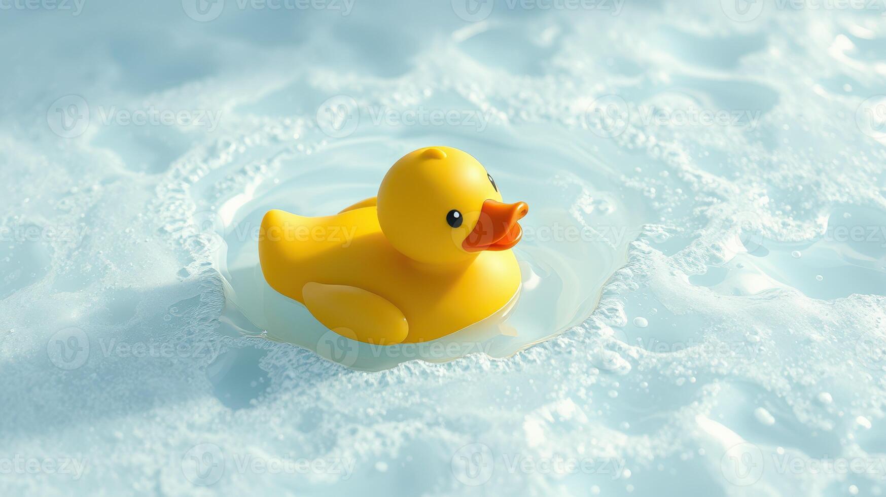 Bright yellow rubber duck floats on surface of foamy water creating a playful atmosphere photo