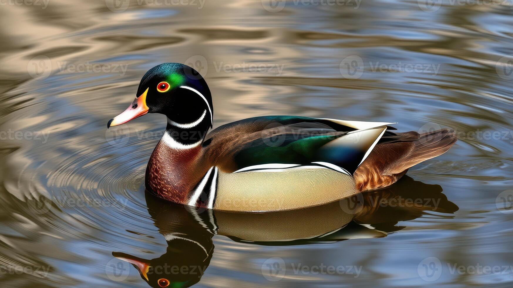 Colorful wood duck swimming gracefully on a tranquil pond surrounded by autumn reflections photo
