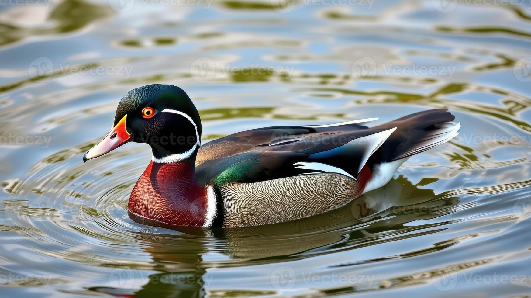 Wood duck swimming gracefully in a tranquil pond surrounded by ripples during a sunny afternoon photo