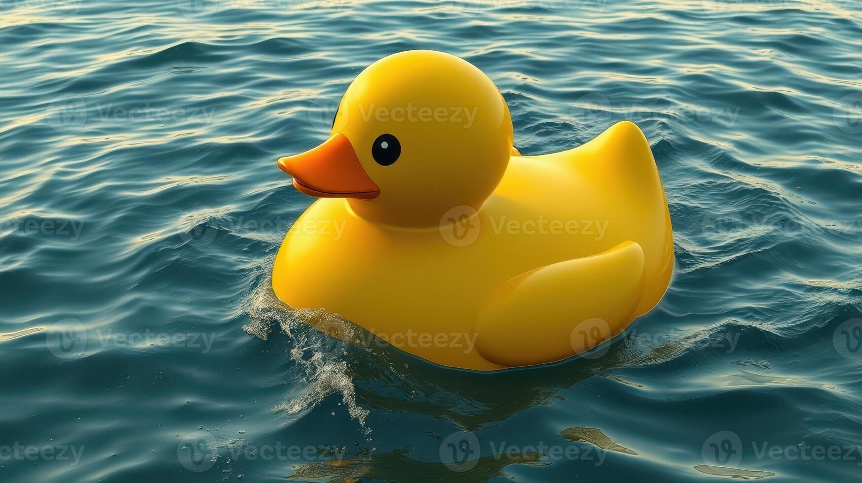 Bright yellow rubber duck floating on calm water during daylight with gentle ripples creating a peaceful atmosphere photo