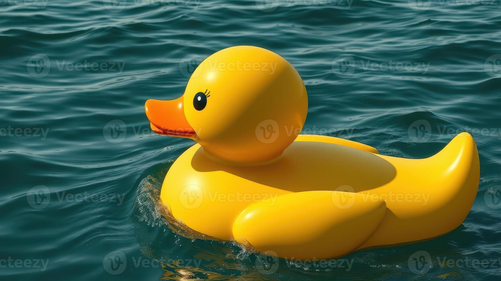 Bright yellow rubber duck floating on calm water in a sunny outdoor setting photo