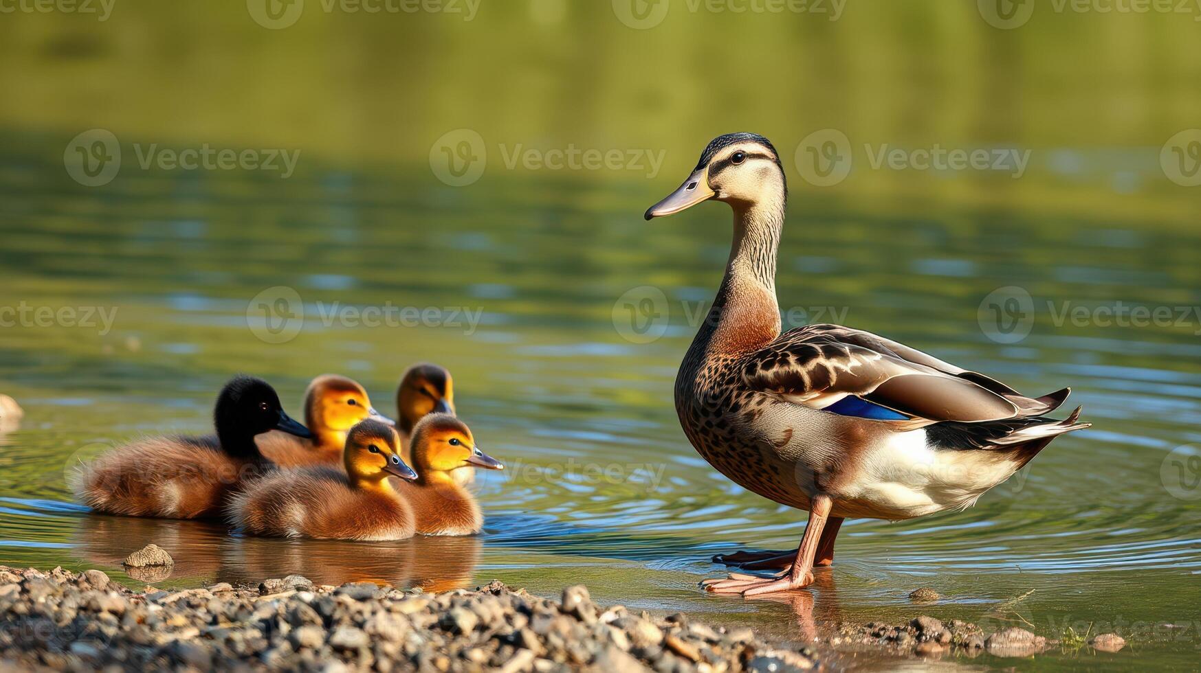 Mother duck with her ducklings by the serene riverbank during a sunny day photo