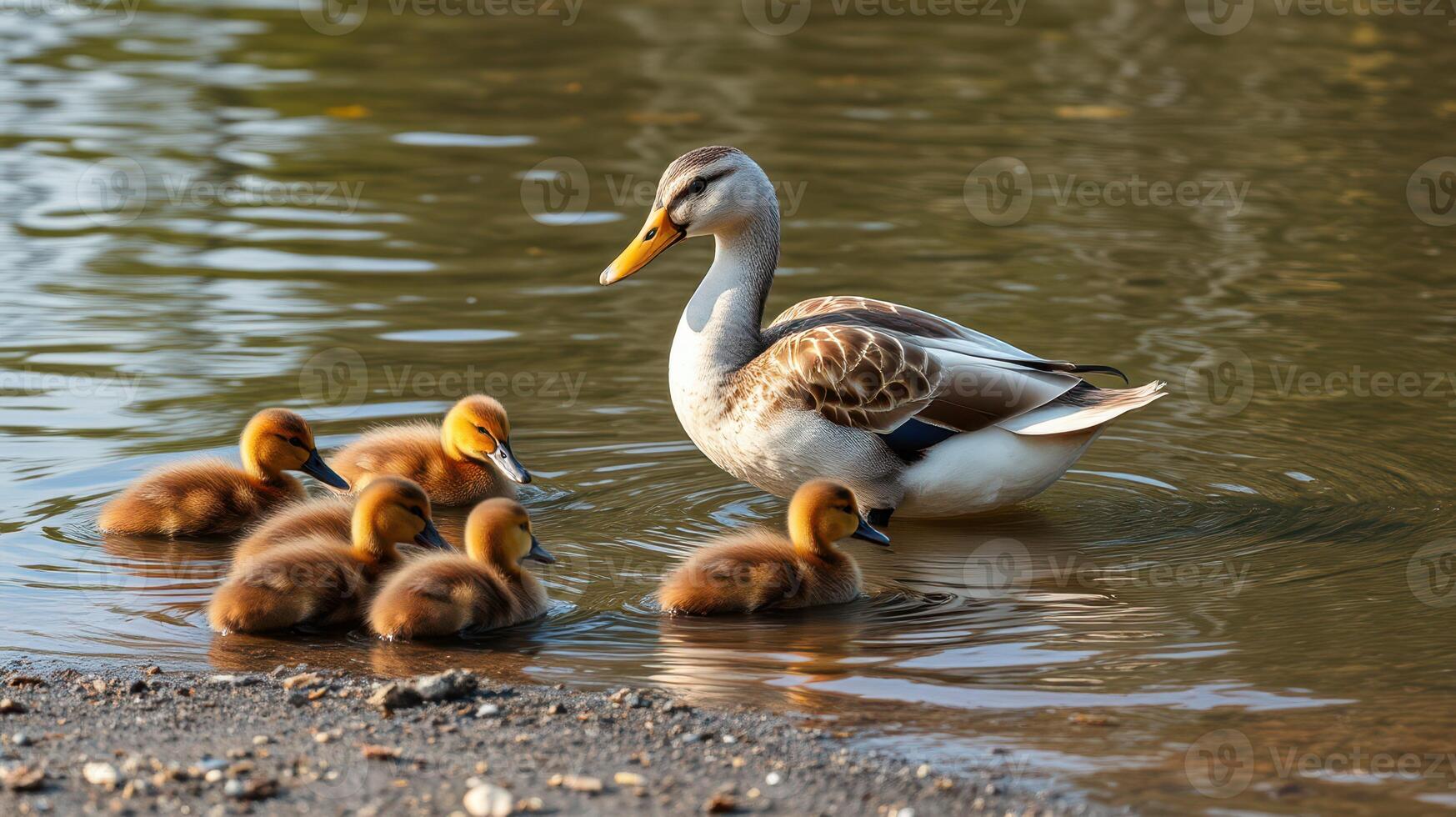 Mother duck swimming with five ducklings in calm water during a sunny afternoon photo