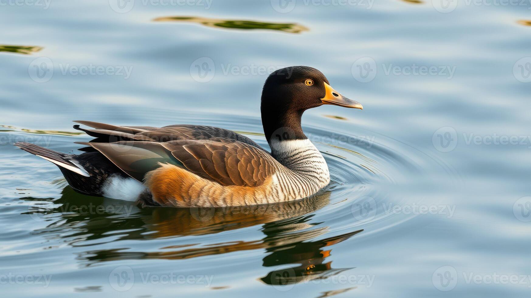 Beautiful duck swimming gracefully on calm waters reflecting soft sunlight in a natural habitat setting photo