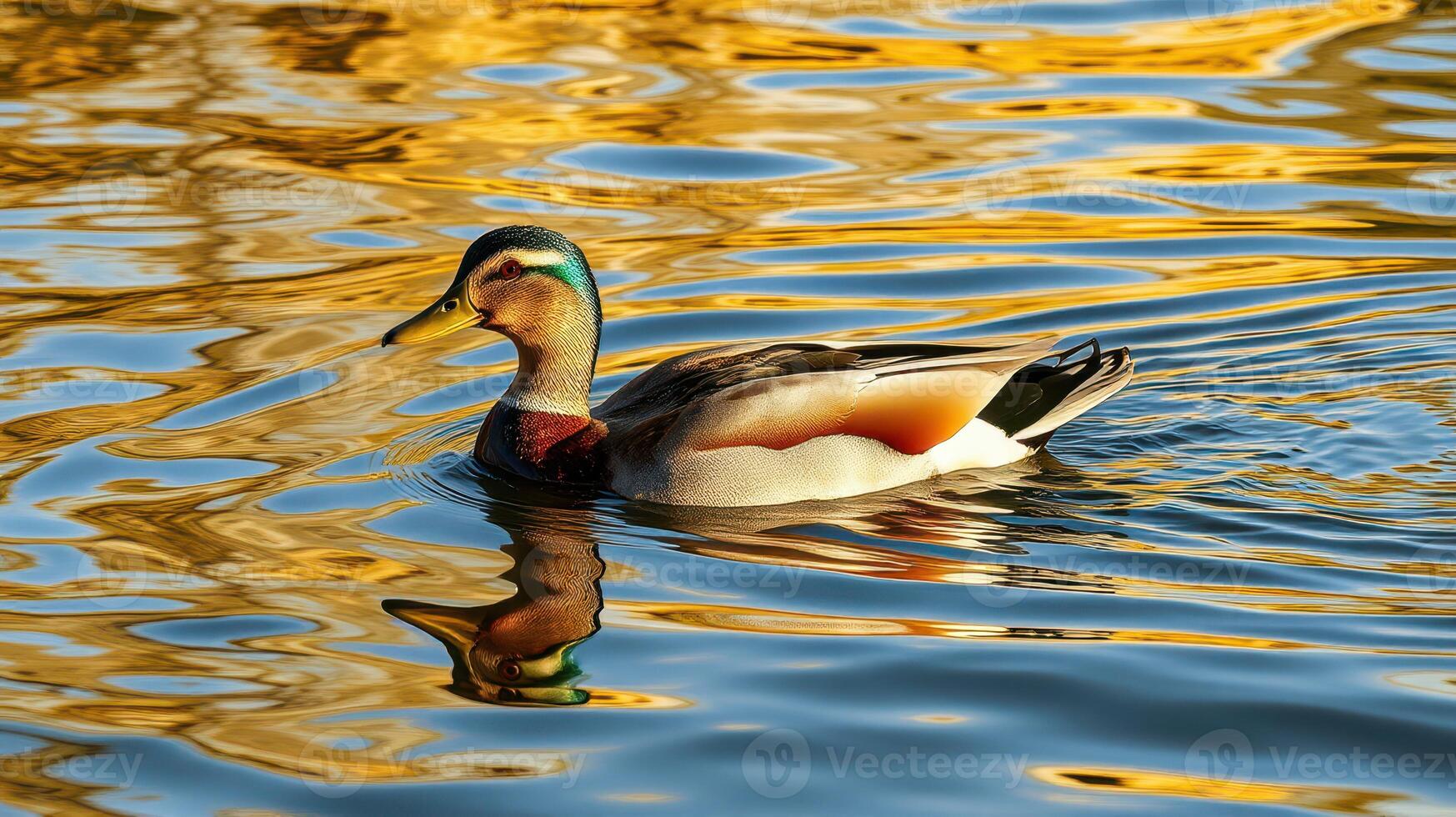 Colorful duck swimming gracefully in shimmering water during sunset photo