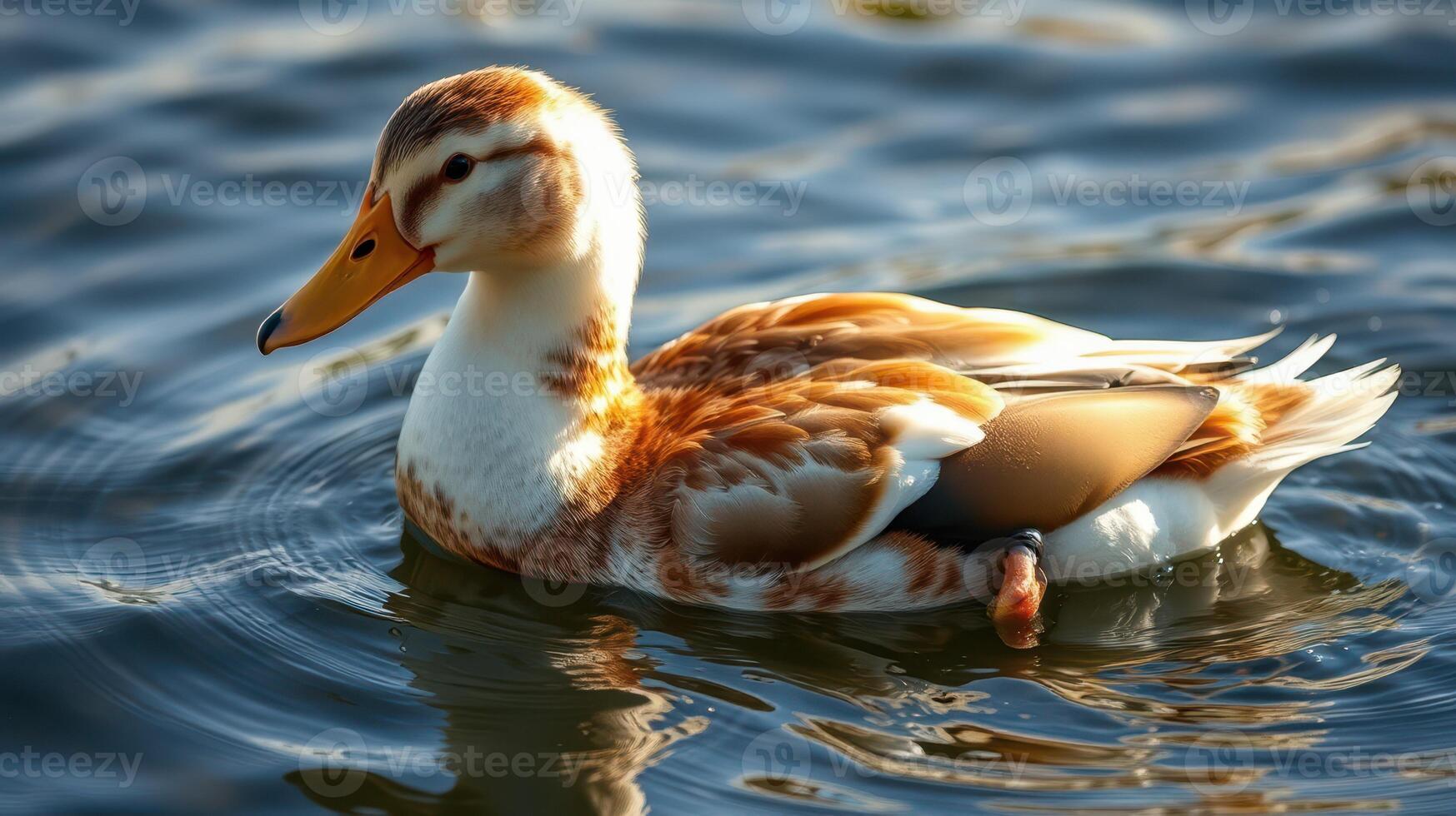 Colorful duck swimming gracefully in a tranquil pond during bright daylight photo