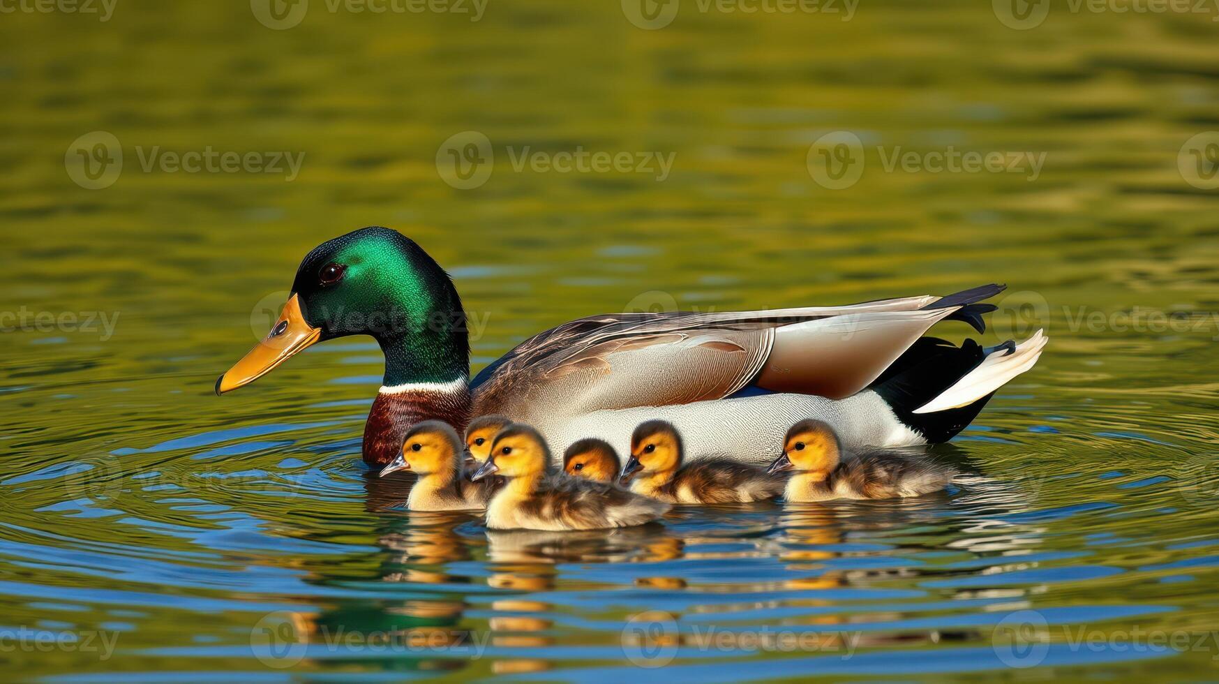Duck with ducklings swimming together in a serene pond during a sunny day photo
