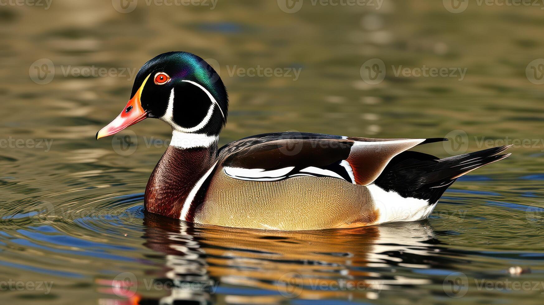 Beautiful wood duck swimming gracefully on a serene pond in natural surroundings during midday photo