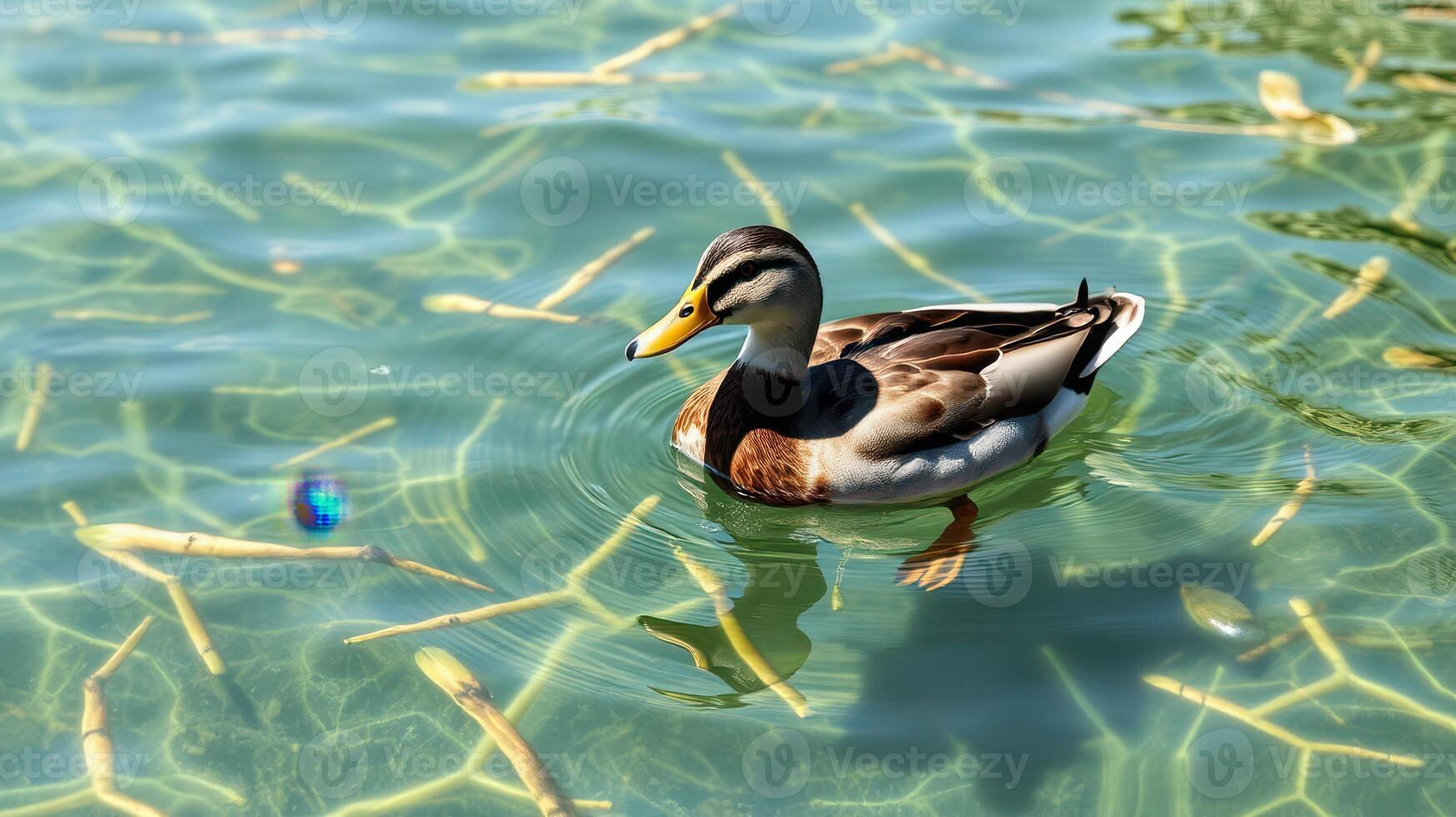 Mallard duck swimming in clear water surrounded by sticks on a sunny day at the park photo