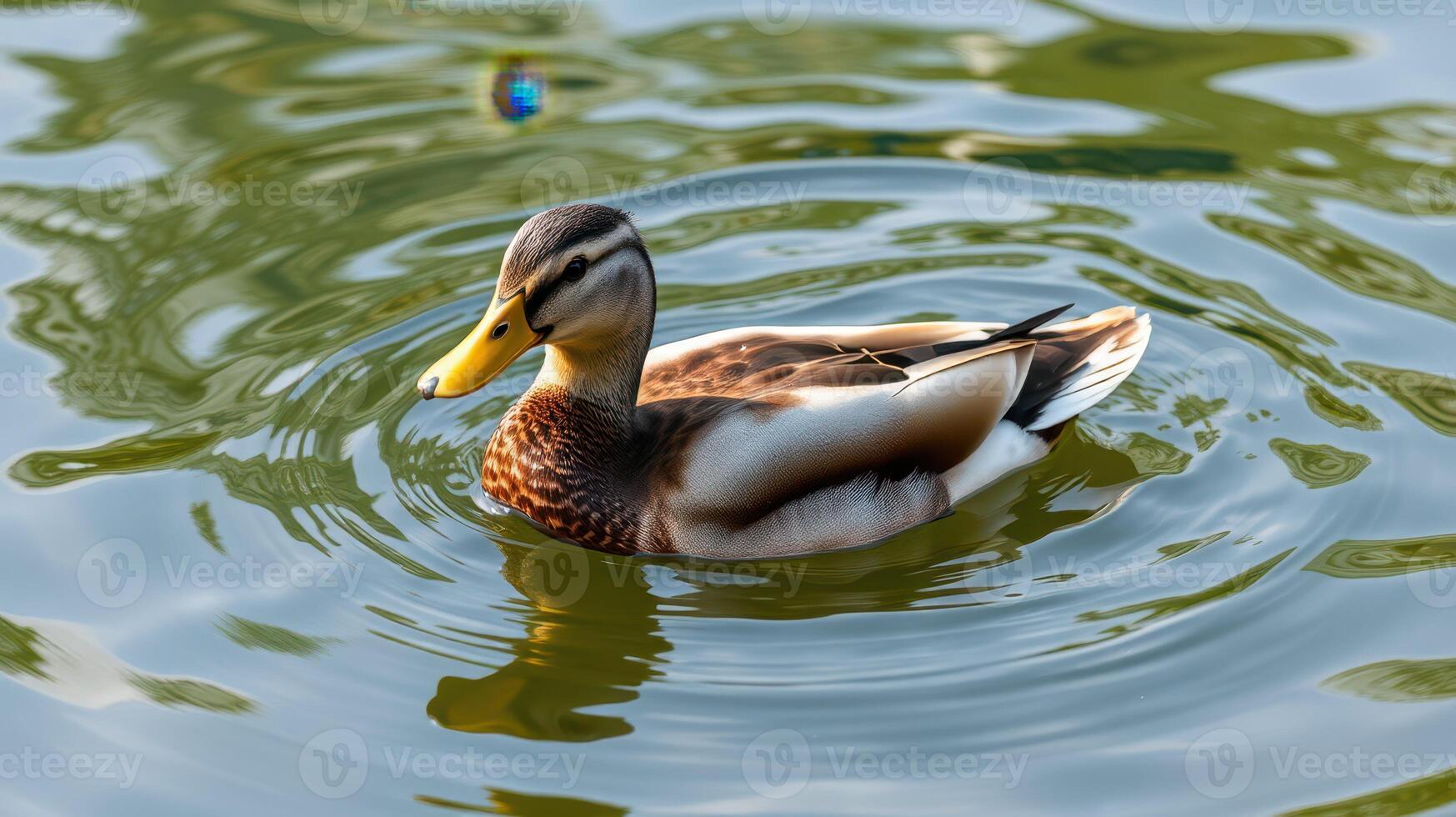 Mallard duck swimming gracefully on a serene pond with rippling water during a sunny afternoon photo