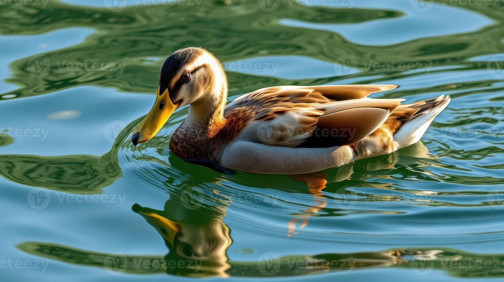Duck glides gracefully across the calm lake waters during a sunny afternoon in a serene natural setting photo
