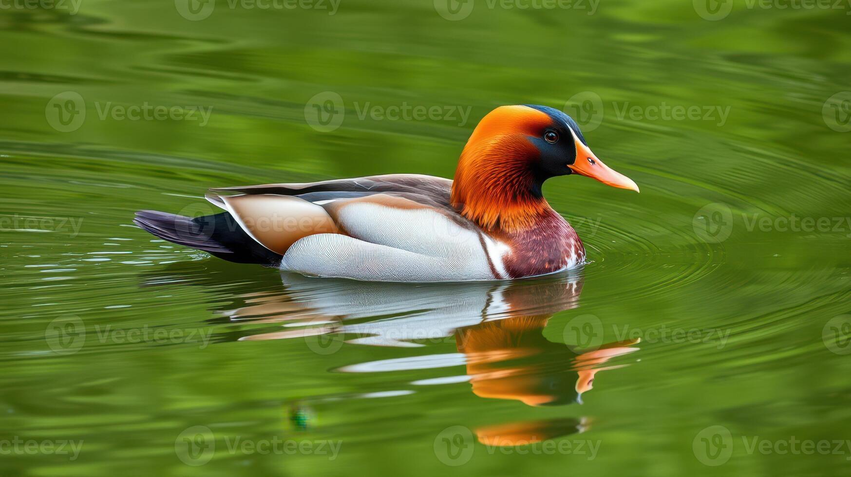 Vibrant male mandarin duck swimming gracefully in a tranquil pond during a sunny afternoon photo
