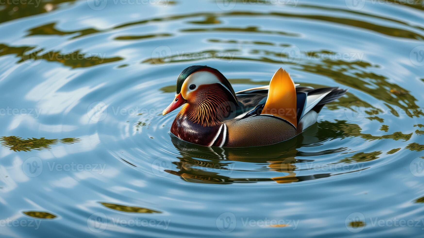 Colorful mandarin duck swimming peacefully in a tranquil pond surrounded by rippling water photo