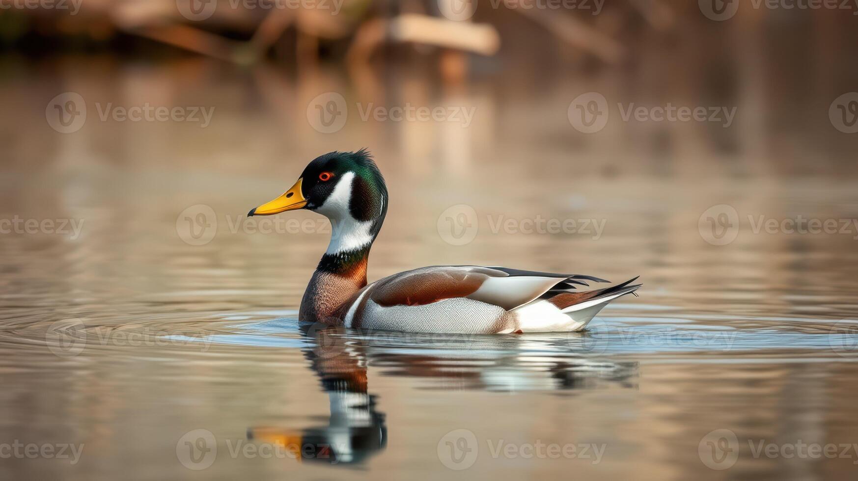 Mallard duck swimming gracefully in tranquil water at sunset near marshland habitat photo