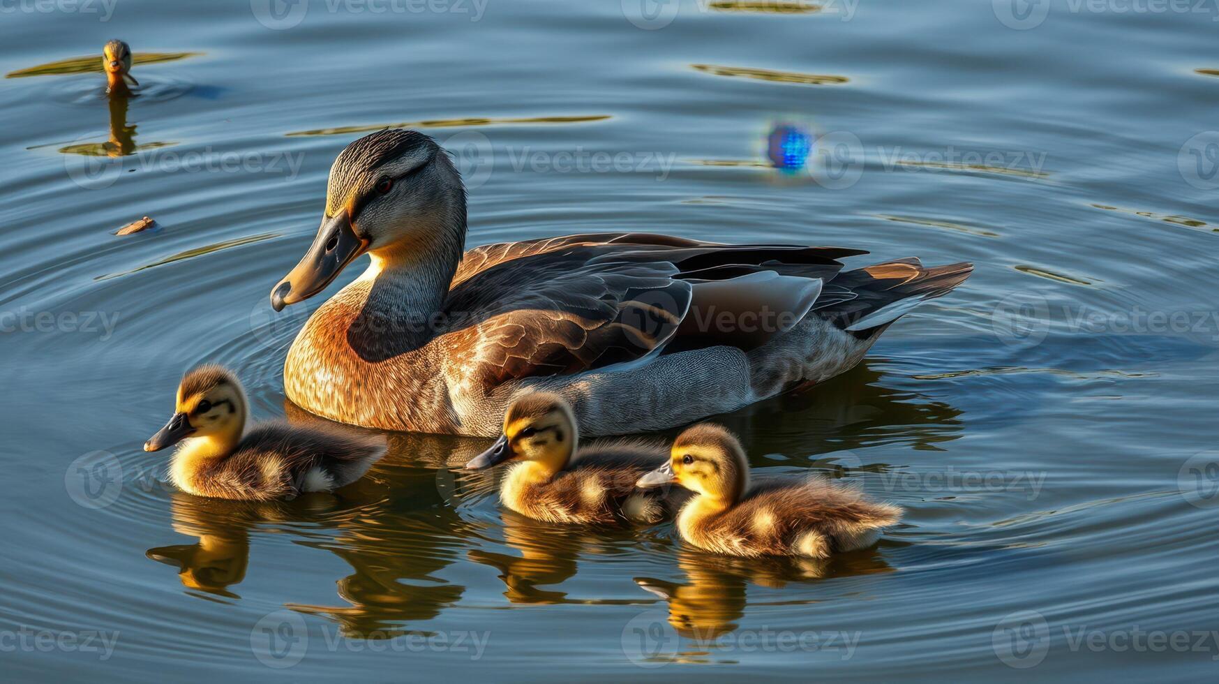 Mother duck swims with her ducklings in a serene pond during a sunny afternoon photo