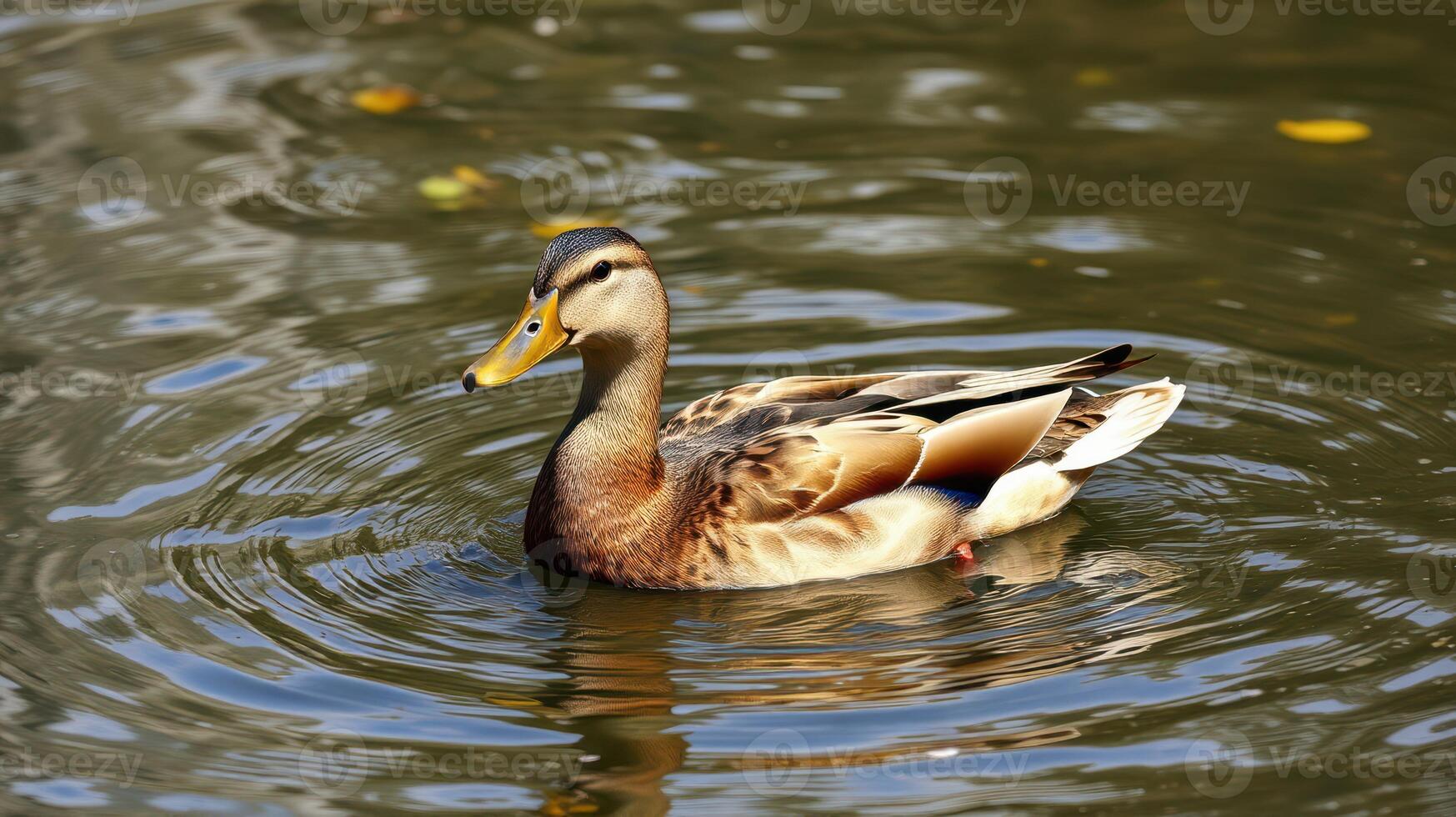 Mallard duck swimming gracefully in a serene pond surrounded by autumn leaves during a sunny afternoon photo