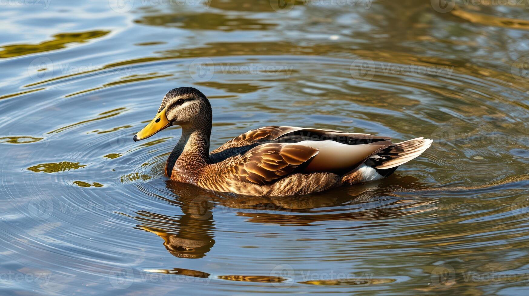 Duck swims gracefully in a serene pond surrounded by nature in the late afternoon light photo