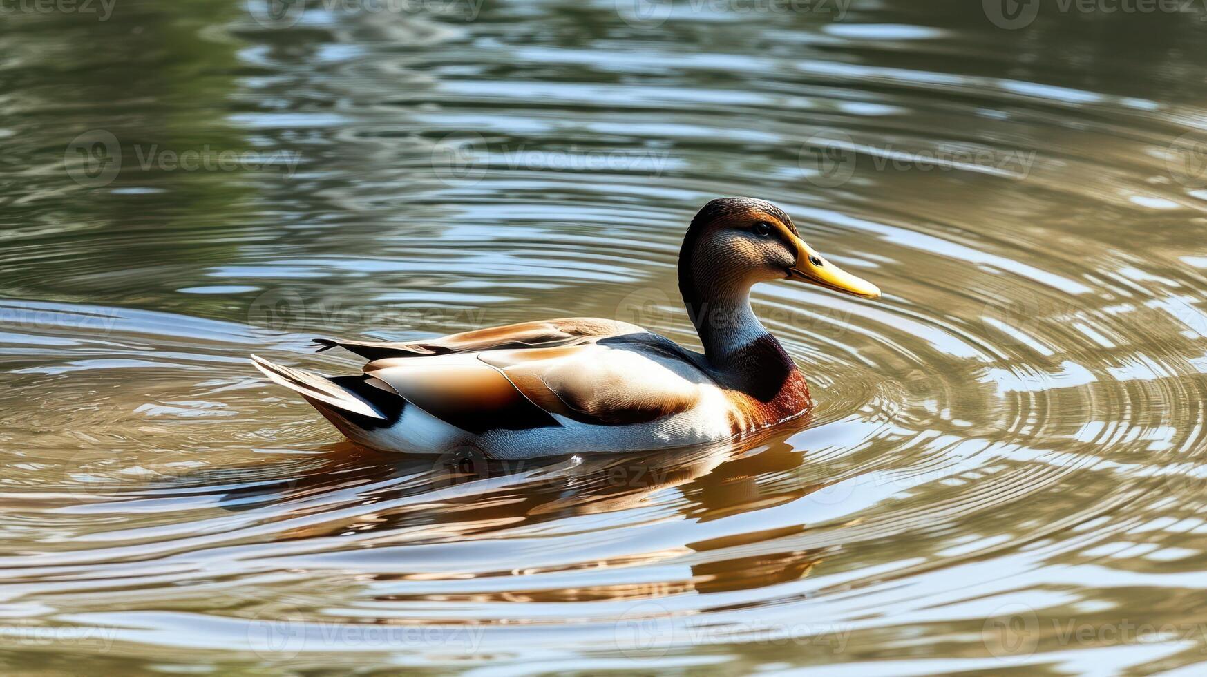 Beautiful duck swimming gracefully in a tranquil pond during a sunny afternoon photo