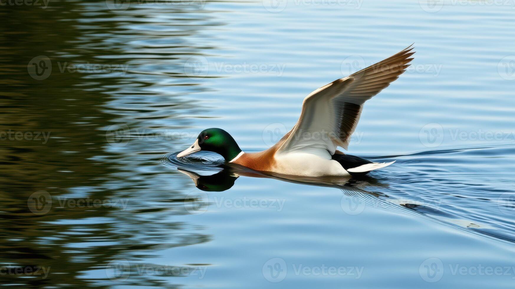 Mallard duck gliding smoothly across a tranquil lake with rippling water reflections during a sunny day photo