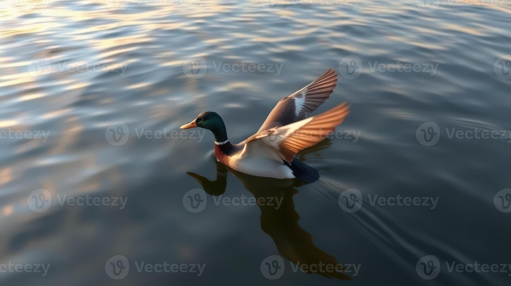Mallard duck gliding across tranquil water at sunset with wings partially extended in a serene landscape photo
