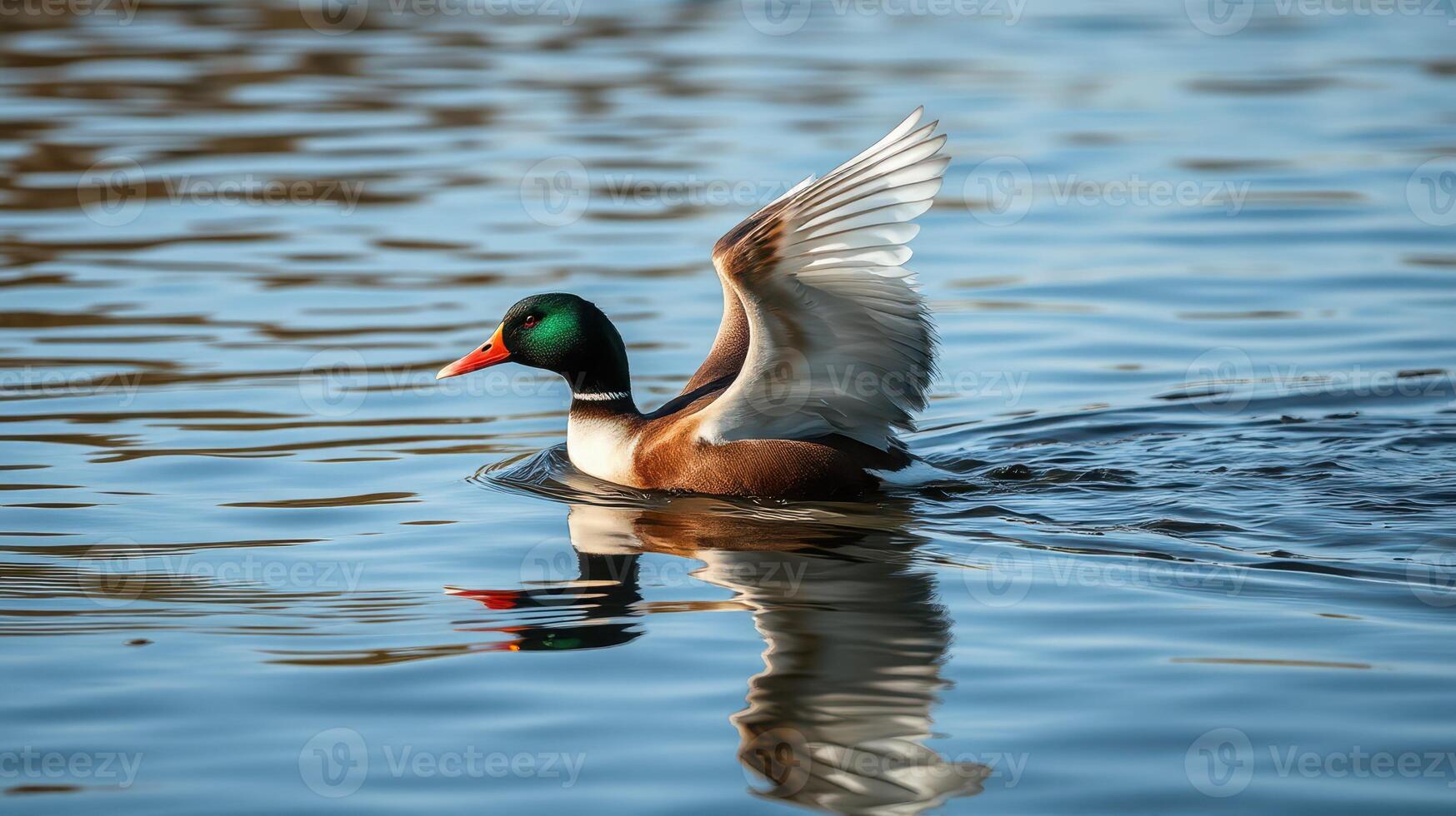 Vibrant male duck flapping wings on tranquil water surface during sunny afternoon photo
