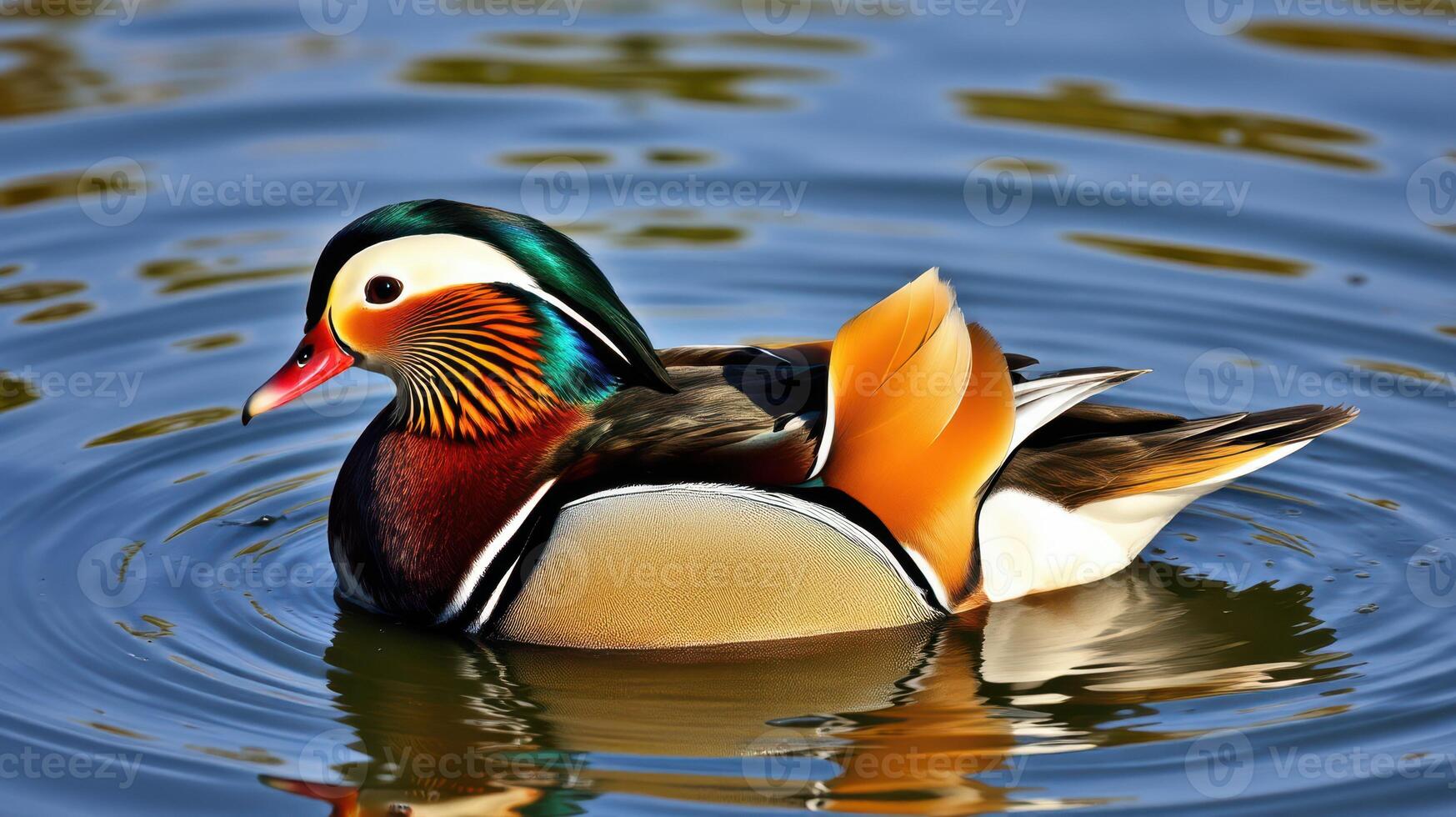 Beautiful mandarin duck swimming in a shimmering pond surrounded by gentle ripples under warm sunlight photo