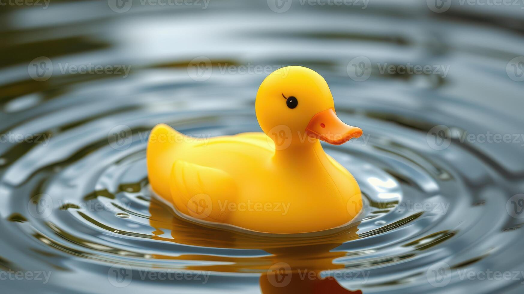Yellow rubber duck floats joyfully on a calm pond surrounded by rippling water on a sunny day photo