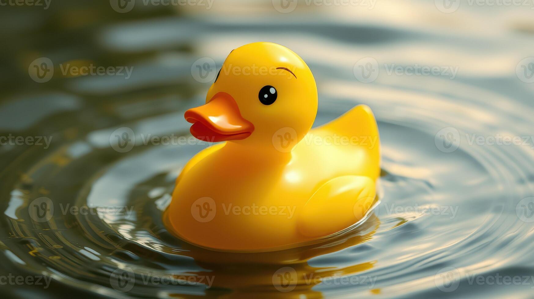 Bright yellow rubber duck floating gently on calm water at sunset photo