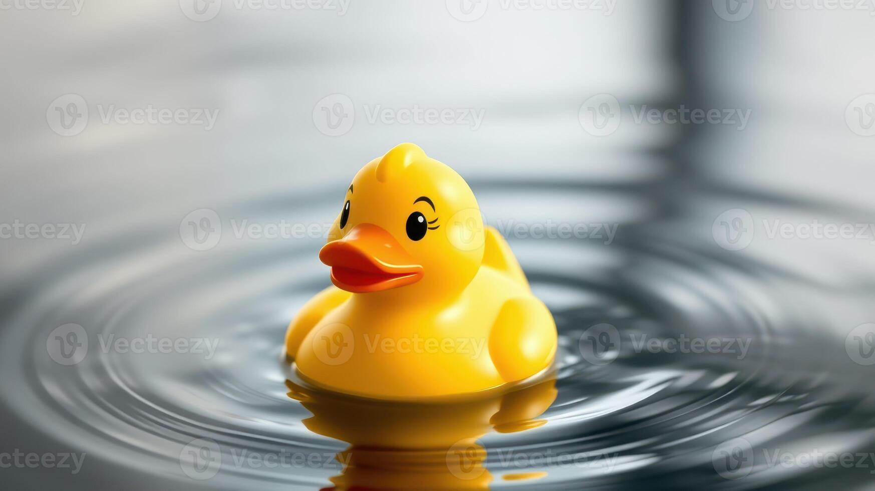 Bright yellow rubber duck floats serenely on calm water creating ripples in peaceful surroundings photo