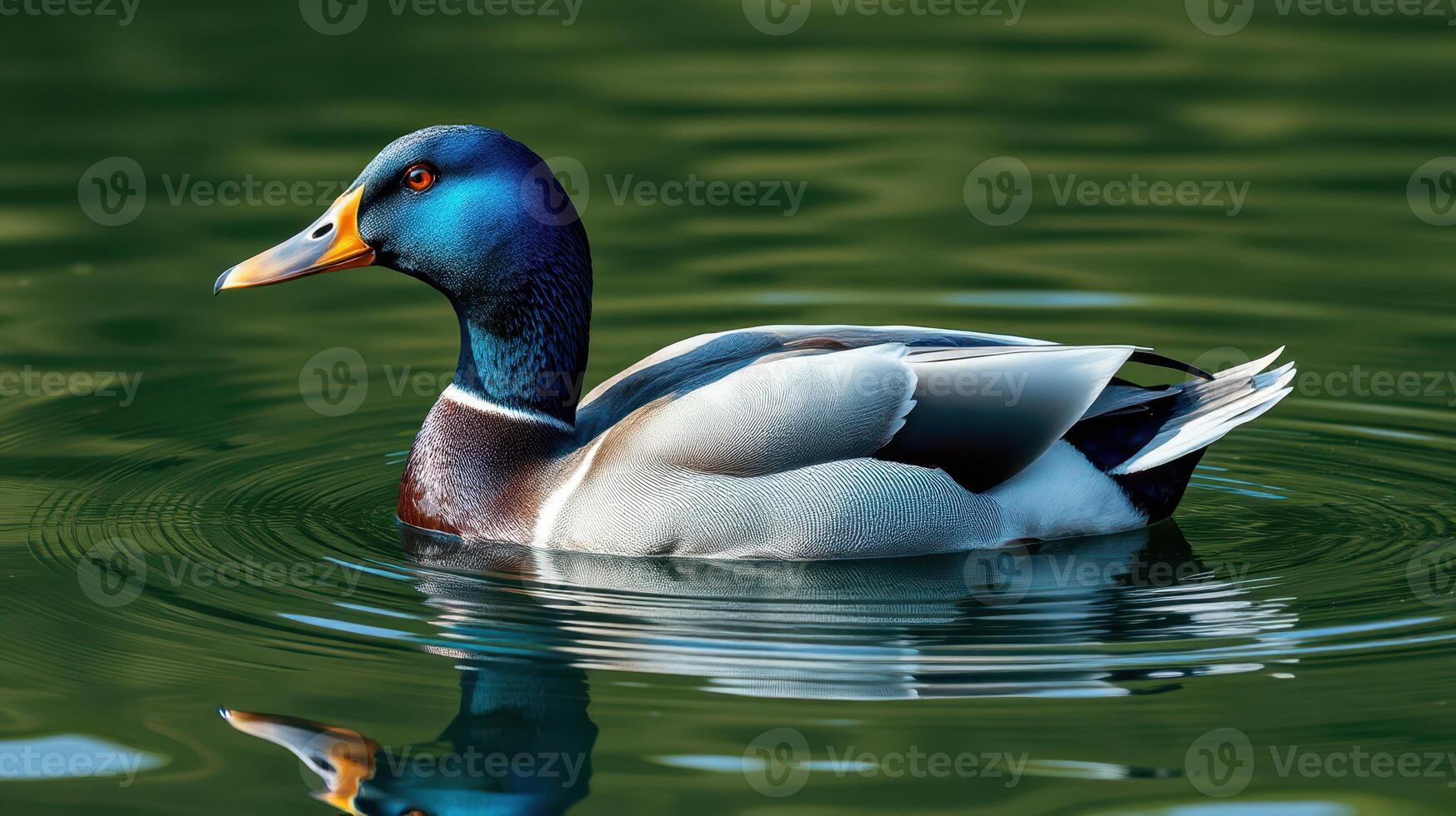 Colorful mallard duck gliding on calm water with reflections in a serene natural setting photo