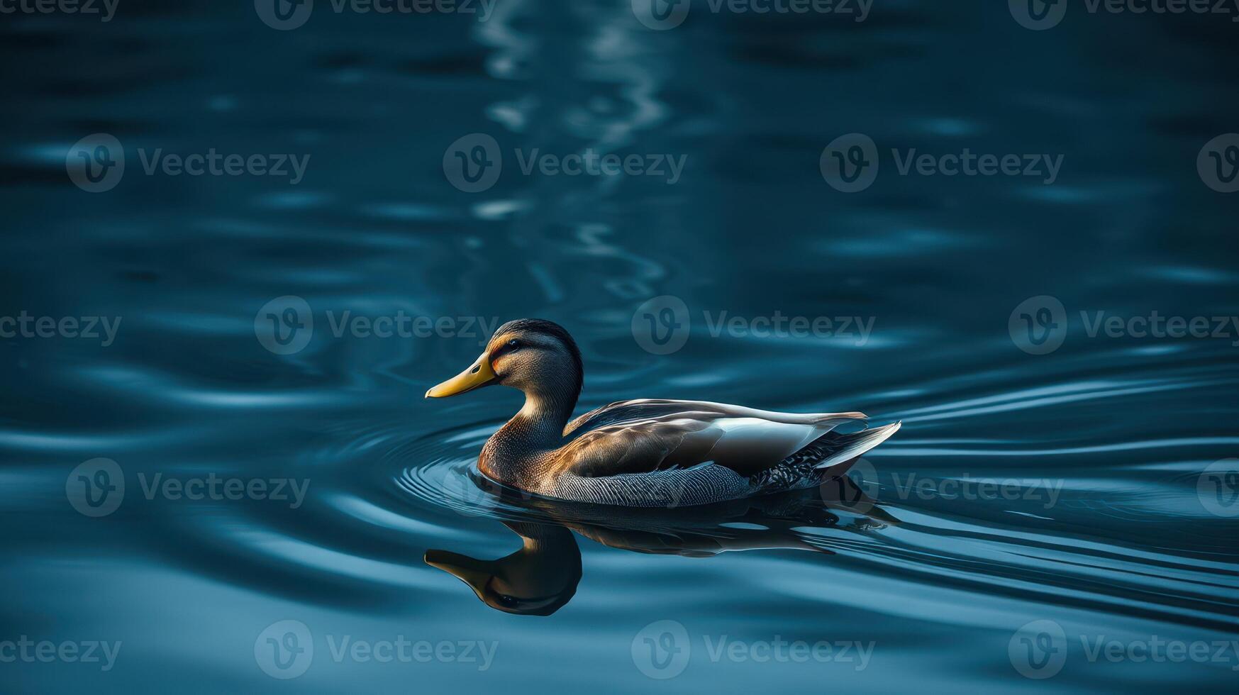 Duck gliding calmly on a serene lake surface during twilight hours photo