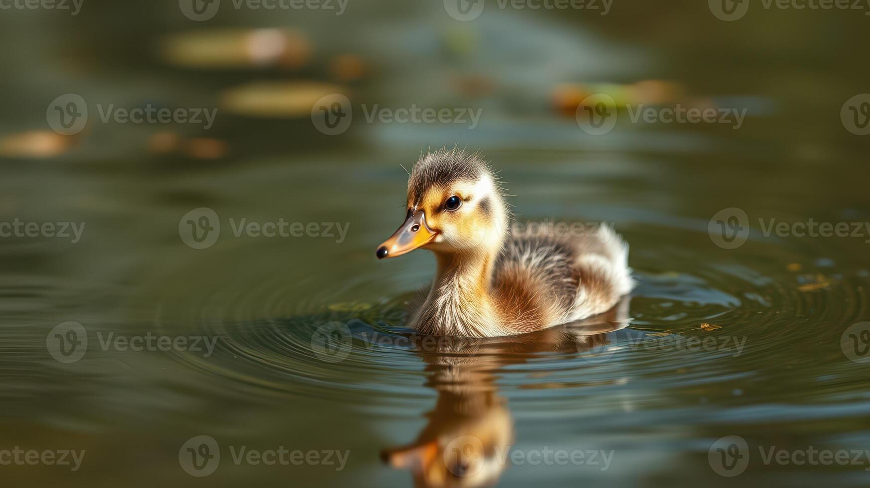 Duckling swims gently in a serene pond surrounded by autumn leaves during a sunny afternoon photo