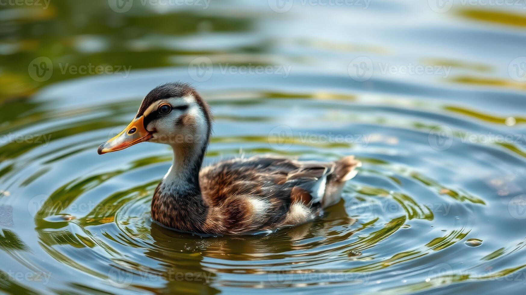 Duck glides gracefully on a calm pond surrounded by lush greenery in the afternoon sun photo