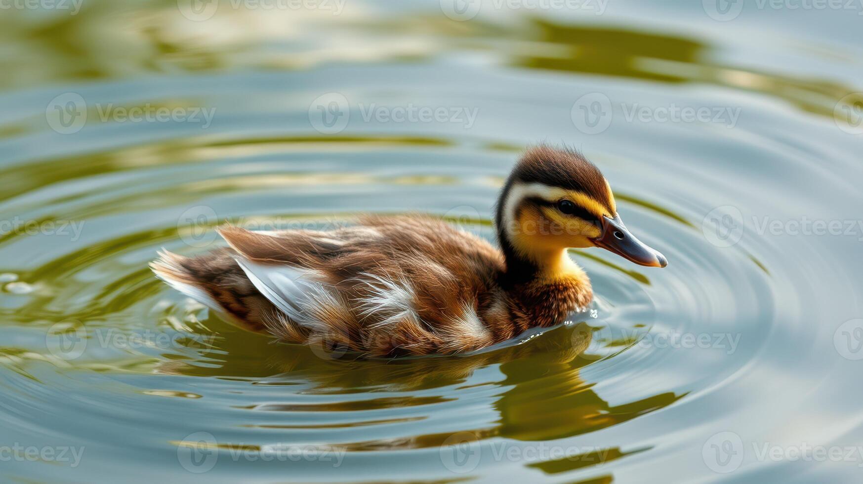 Duckling swims gracefully on a serene pond during a sunny afternoon photo