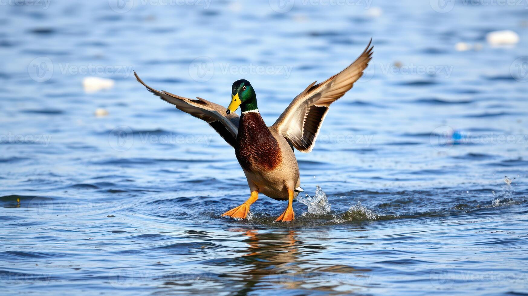 Duck landing on water with wings spread at a serene lakeside in the early morning light photo