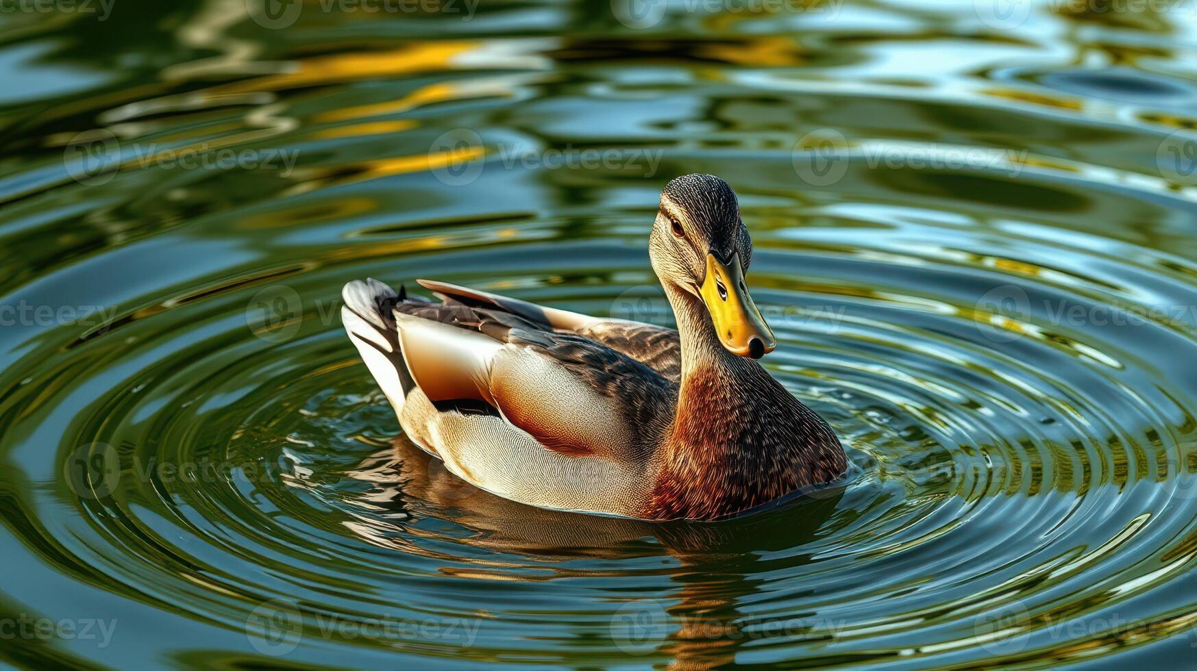 Mallard duck swimming in calm water with ripples reflecting sunlight in a serene natural setting photo