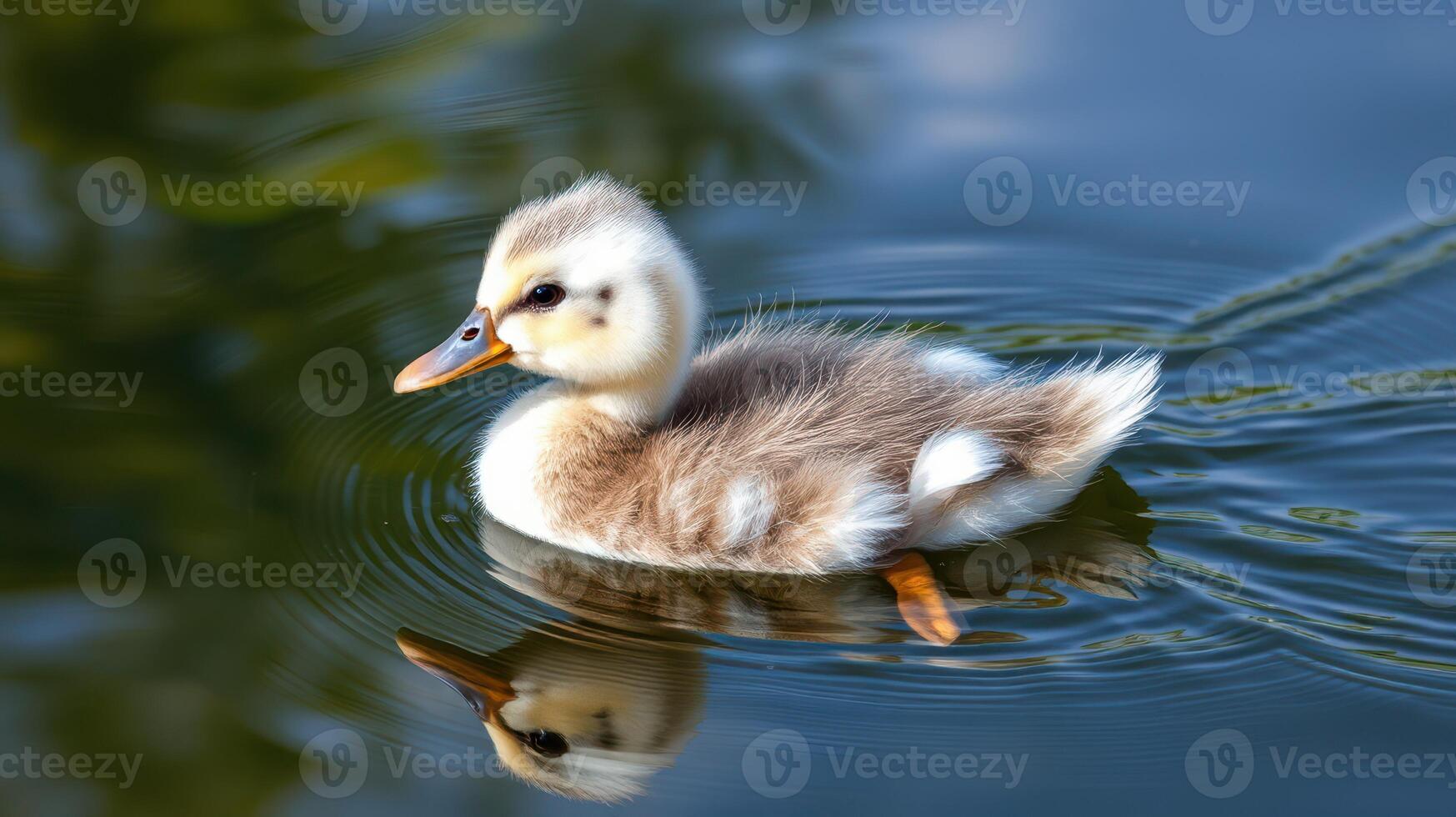 Cute duckling swims peacefully in calm water reflecting its fluffy feathers and surroundings photo
