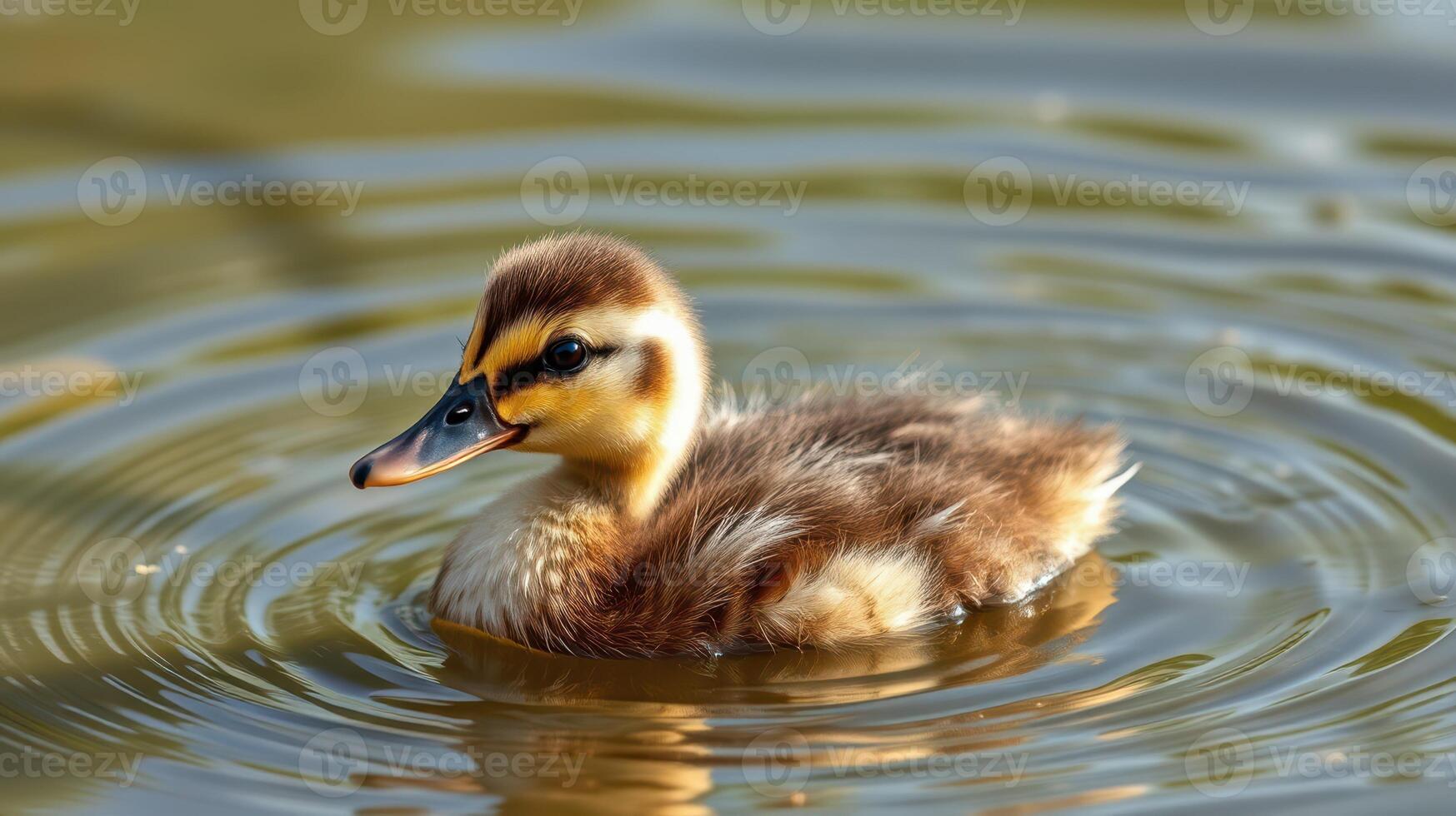 Young duckling swims gracefully in a tranquil pond during a sunny afternoon in the countryside photo