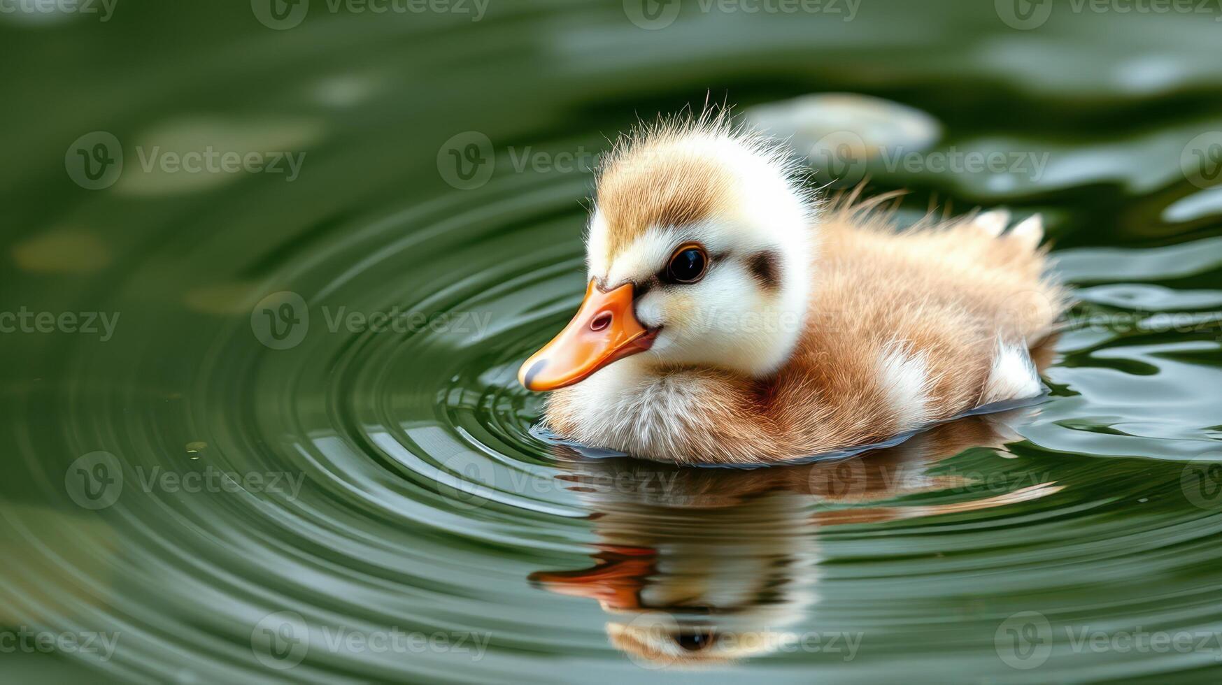 Cute duckling swims in calm pond water creating gentle ripples on a sunny day photo